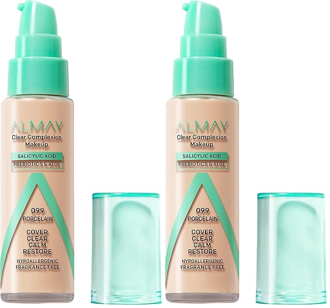 Almay Clear Complexion Acne Foundation Makeup with Salicylic Acid, Medium Coverage, Soft Matte Finish, Hypoallergenic, Cruelty- & Fragrance-Free, Dermatologist Tested, 099 Porcelain, 1 fl oz