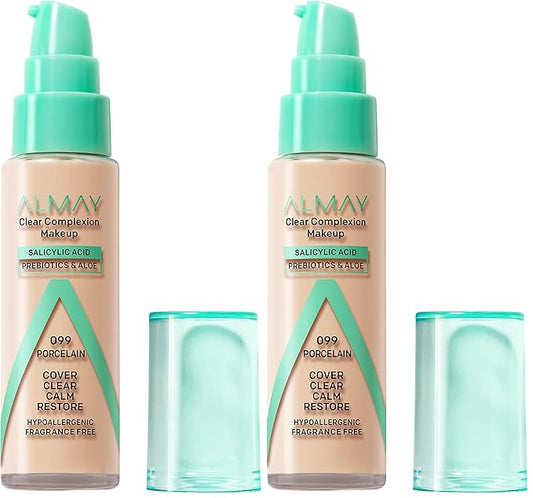 Almay Clear Complexion Acne Foundation Makeup with Salicylic Acid, Medium Coverage, Soft Matte Finish, Hypoallergenic, Cruelty- & Fragrance-Free, Dermatologist Tested, 099 Porcelain, 1 fl oz