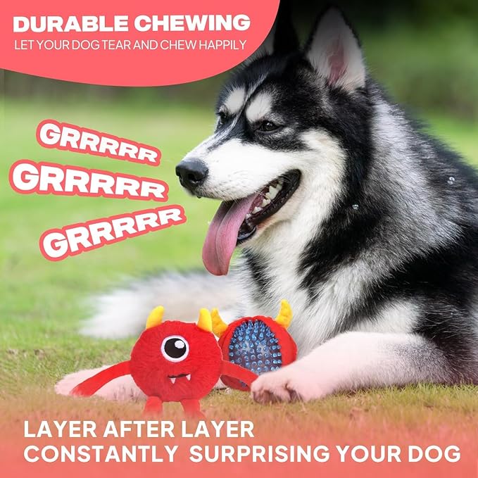 Fida Dog Toys for Aggressive Chewers, 3 in 1, Tough Squeaky Ball, Red