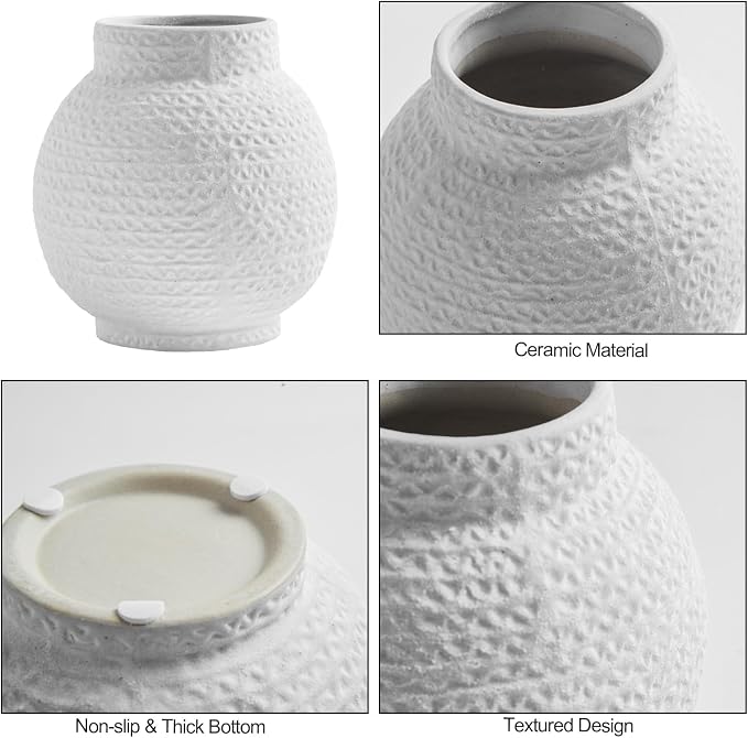 DN DECONATION Small Cute White Vase, Ceramic Flowers Vases for Home Decor | Modern Decorative Texture Vase, Flower Vase for Kitchen, Office, Living Room, Bookshelf, Farmhouse, Mantel, Table Centerpiece