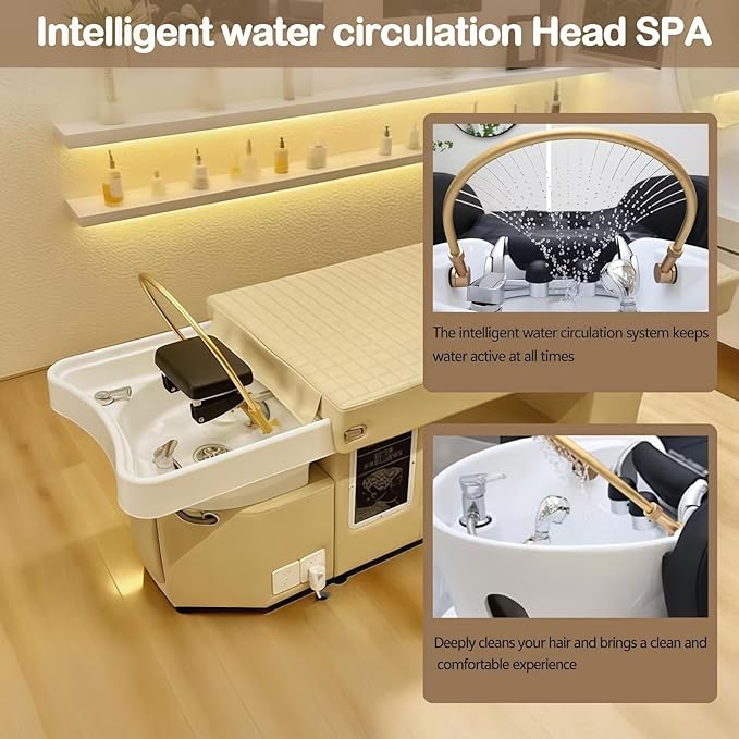 Head SPA Bed - Shampoo Bed with Beige Luxury Grid Pattern, Head SPA Equipment & Massage Table Includes Golden Waterfall Scalp Massage, Light Therapy, for Salon & Home