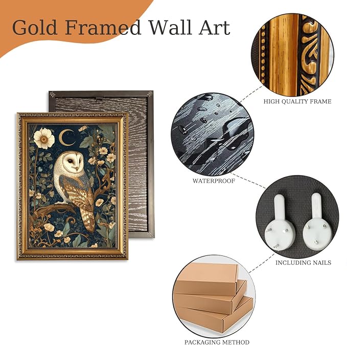 William Morris Gold Framed Wall Art Vintage Woodland Barn Owl Wall Decor | Cottagecore Botanical Animal Pictures Canvas Art Moody Dark Academia Framed Prints Artwork for Bedroom Bookshelf Gallery Wall