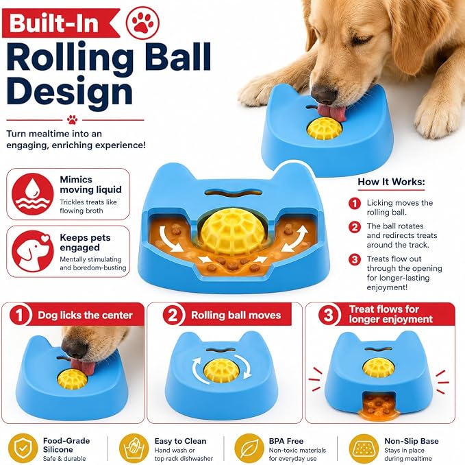 Slow Feeder Dog Lick Bowl with Rolling Ball and Suction Cups Black