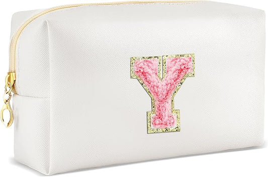 URSKYTOUS Initial Makeup Bag Personalized Preppy Travel Small Cosmetic Bag Cute PU White Chenille Letter Makeup Pouch for Purse Waterproof Zippered Toiletry Organizer for Women Girls Kids Friends (Y)