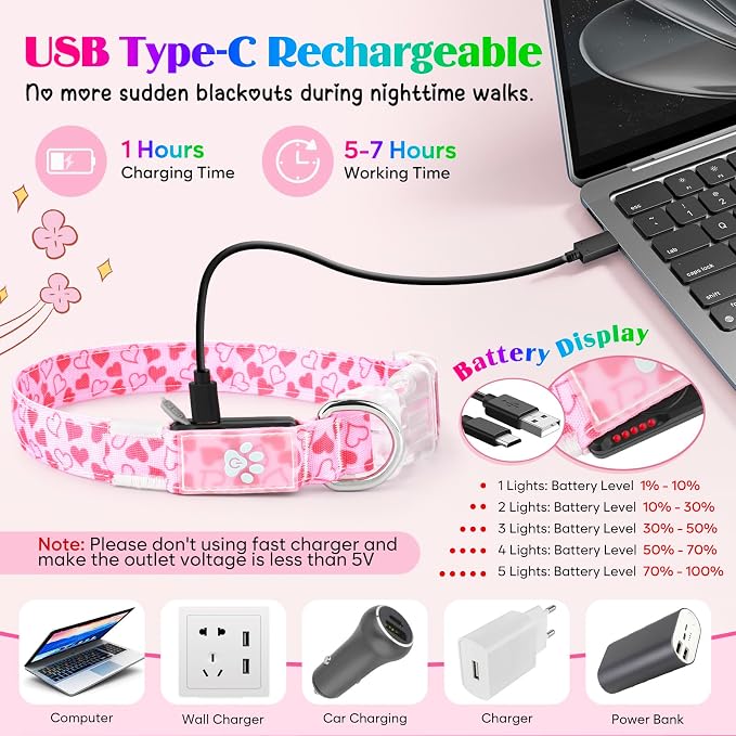 Light up Dog Collar Rechargable - Multicolor LED Dog Collar, 7 Colors Safety Dog Lights with Battery Indicator, Waterproof and Adjustable Heart Print Glow Collar for Dogs (Pink Heart, M)