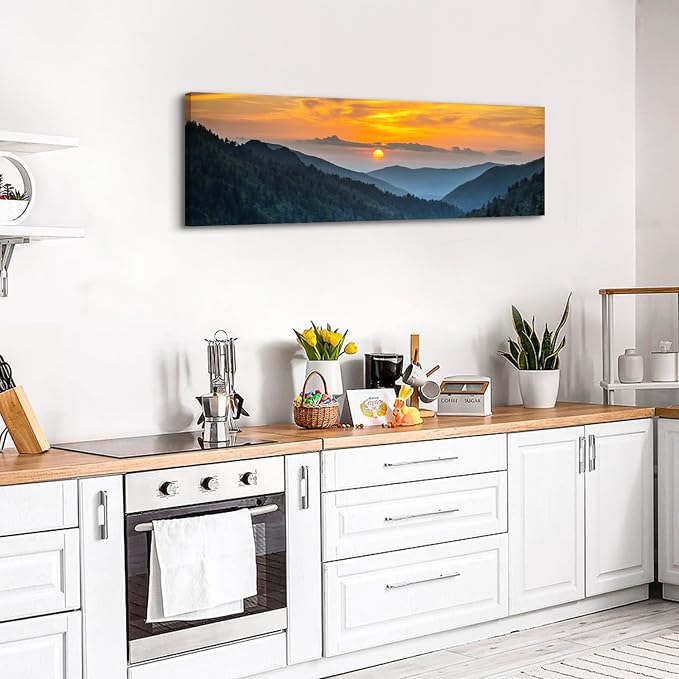 Sunset Blue Ridge Mountain Wall Art for Living Room Nature Wall Decor Smoky Mountain Landscape Picture National Park Poster Canvas Prints Misty Forest Scenic Painting Artwork Office Decorations 14x48”