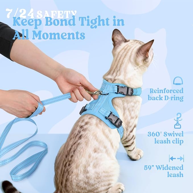rabbitgoo Cat Harness and Leash, Easy-on with Neck Buckle, Sky Blue