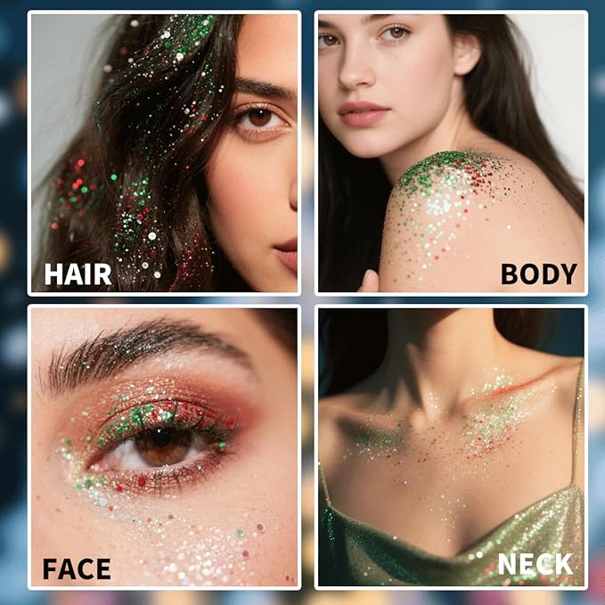 Mysense Red Silver Green Body Glitter Stick and 6 Pack Joy & Merry Christmas Bracelets Set,Christmas Gifts for Grandkids Teens Women,Festive Stocking Stuffers,Party Favors and Decorations