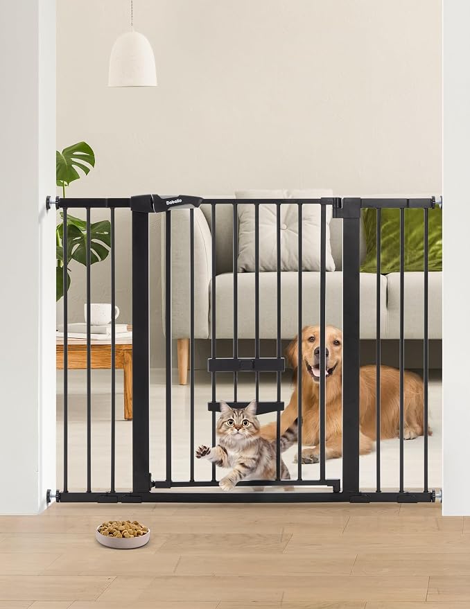 Babelio 36" Tall Baby Gate with Cat Door, CatPrivilege II, 29-48" | Extra Wide Auto-Close Pet Door for Stairs, Doorways & House, 6-Level Adjustable, Wall Cups Included, Black