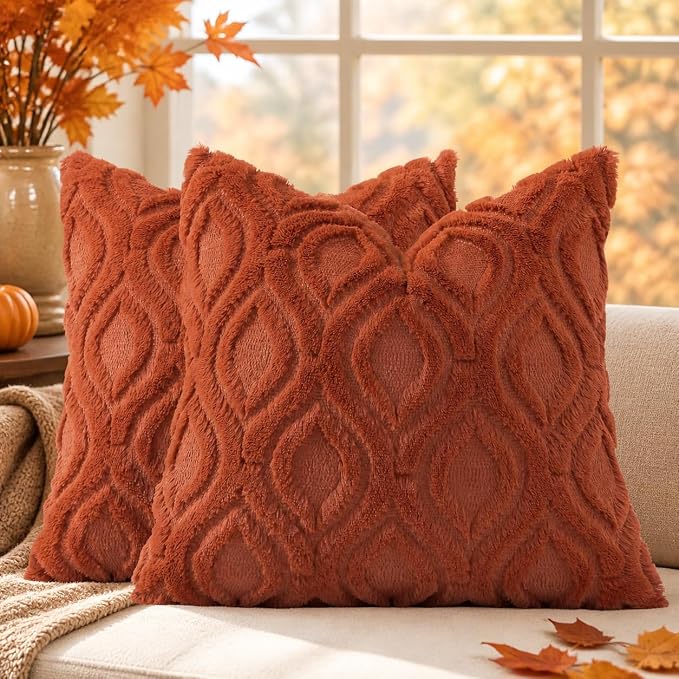 decorUhome Faux Fur Plush Soft Rust Throw Pillow Covers 24x24 Set of 2 | Plush Solid Fall Couch Pillow Covers, Accent Modern Farmhouse Neutral Decorative Square Pillow Cases for Sofa Bed Living Room