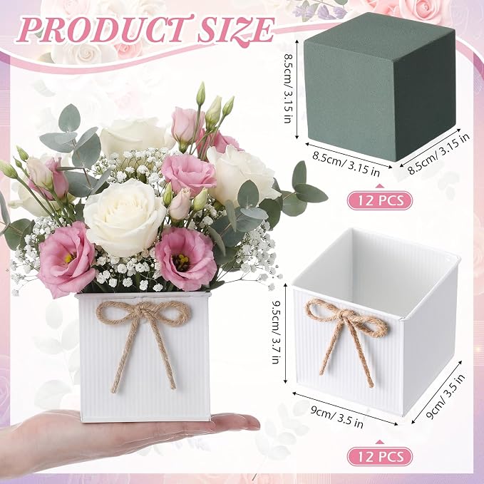 12 Pack Galvanized Square Vases with Floral Foam, 3.5 inch Waterproof Rustic Tin Buckets with Twine Bows, Mini Farmhouse Metal Planter Centerpieces for Wedding Party Table Decor(White)
