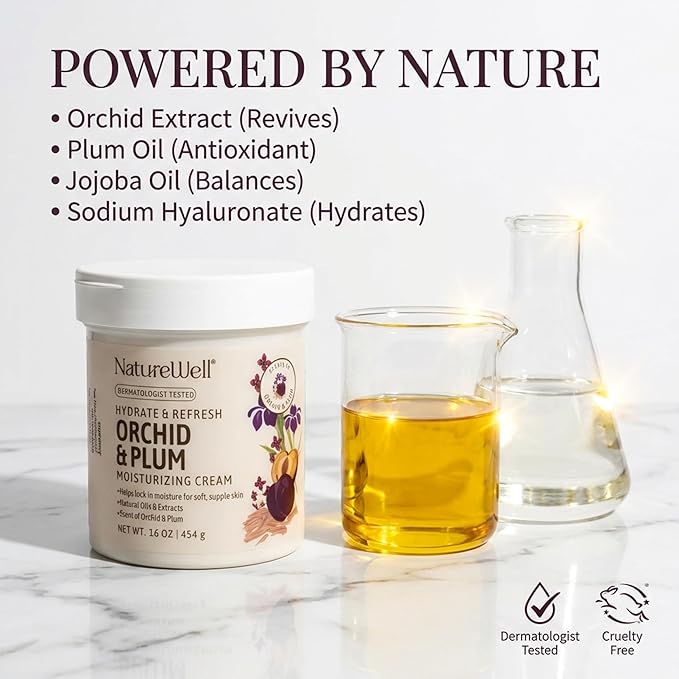 NATURE WELL Orchid & Plum Hydrate & Refresh Moisturizing Body Cream, Infused with Natural Oils & Extracts, Non-Greasy, Lightweight Texture, Helps Lock in Moisture for Soft, Silky, & Supple Skin,16 Oz
