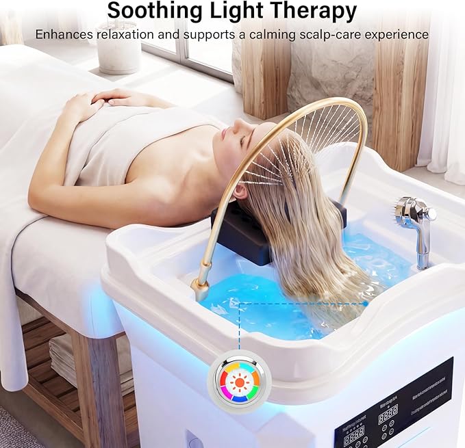 Head Spa Equipment with Thermostatic Waterfall Circulation, 60L Water Storage and 30L Wastewater Tanks, Mobile Shampoo Bowl with Fumigation & LED Therapy for Spa Bed Salon Scalp Care, White