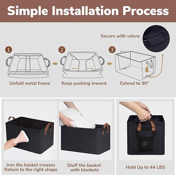 CHICVITA 45L Extra Large Fabric Storage Bins, Metal Frame, 2-Pack, Black | 19" L x 13" W x 11" H, Collapsible Design, Nursery, Living Room & Closet Organization, Toys, Clothes & Blankets Storage
