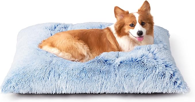 EHEYCIGA Fluffy Dog Crate Bed for Large Dogs, Plush Faux Fur Pad, Blue | Calming Anti Anxiety Large Dog Crate Bed, Washable Soft Warm Mat with Non-Slip Bottom