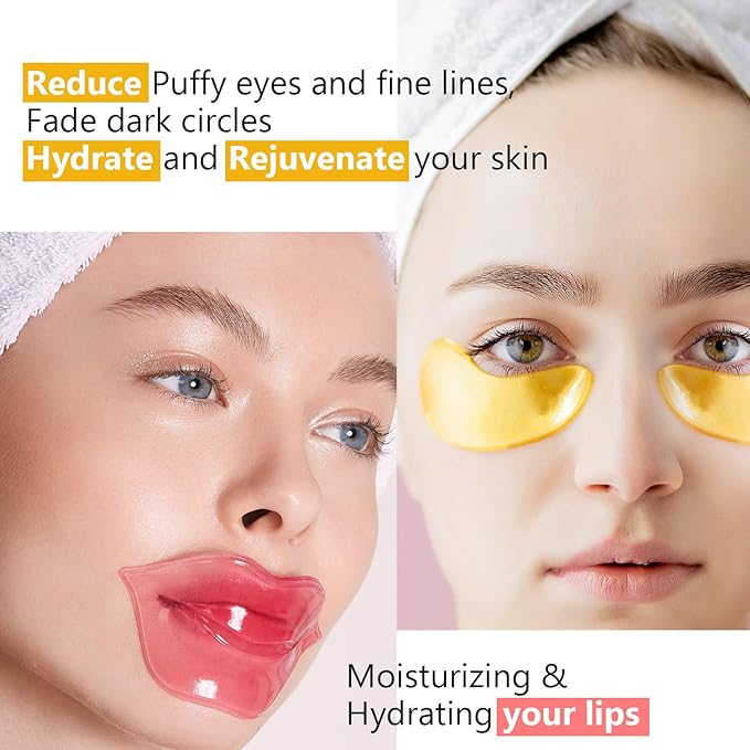 Permotary 30 Pairs 24K Gold Eye Masks & Lip Mask, Under Eye Patches and Lip Pads,Collagen Crystal Mask Set for Puffy Eyes, Dark Circles, Lip Mask Skincare for Teacher Appreciation Gifts