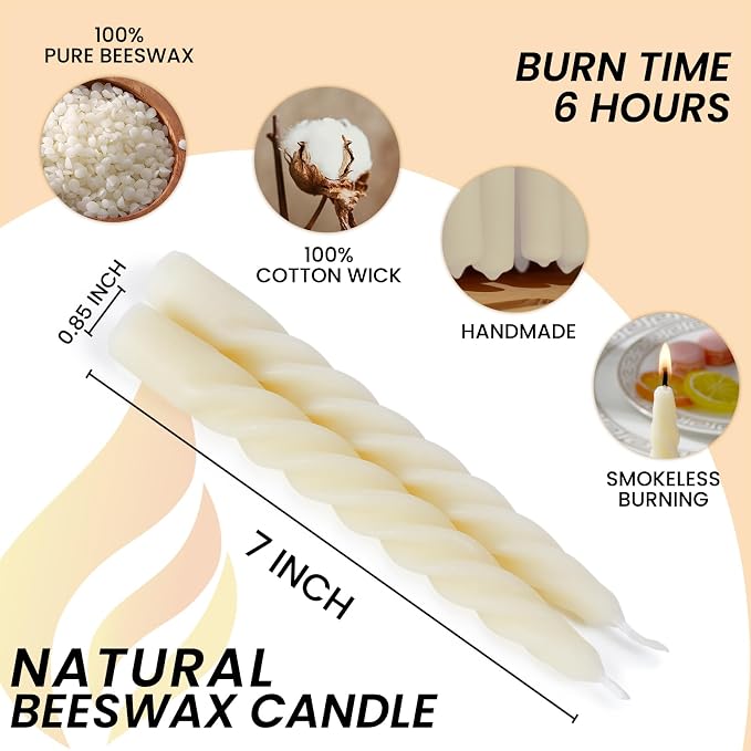 8PCS 7-Inch Pure Beeswax Spiral Taper Candles, Twisted Stick Candles, Dripless & Unscented for Weddings, Christmas, Dinner, Meditation - White
