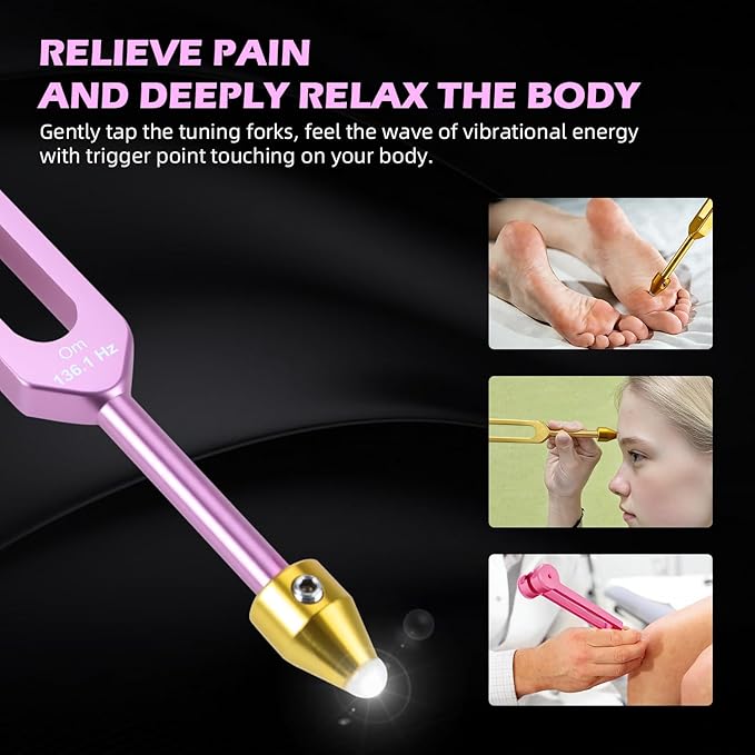 Tuning Forks for Healing, 4 PCS Aluminum Alloy Tuning Fork 128Hz, 136.1Hz, 256Hz, 384Hz, Hockey Puck Activator & Feet, Chain, Weighted & Unweighted Tuning Fork Set with Vegan Leather Pouch