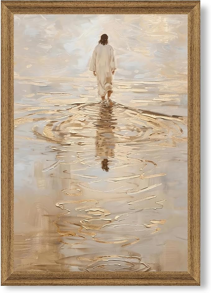 Fantasy Artists Christian Wall Art – Jesus Walking on Water Inspirational Painting, Warm Gold Faith Artwork for Home & Prayer Room, Religious Decor Symbolizing Hope, Trust & Divine Strength, 16W X 24H