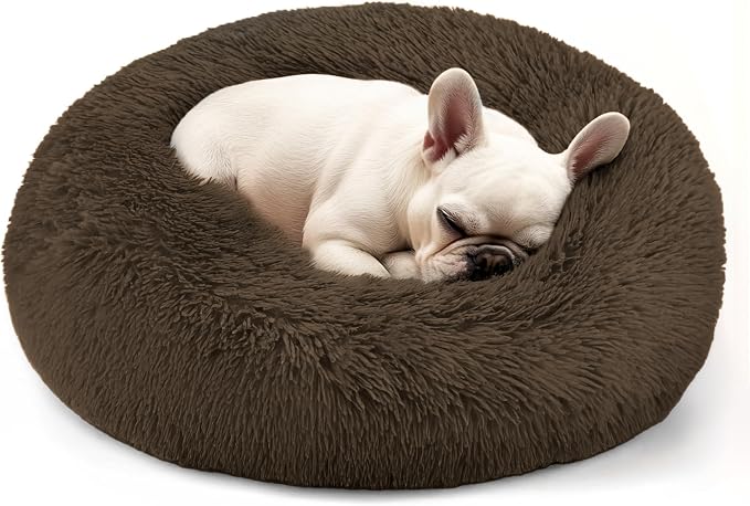 Dogs Bed for Small Dogs, Anti-Anxiety Washable Round Bed (Coffee, 24.0" L x 24.0" W x 8.0" Th)