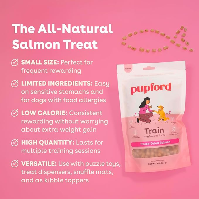 Pupford Freeze Dried Training Treats for Dogs & Puppies (Salmon, 2 oz) | 225+ treats per bag, Ultra low-calorie, Only 2 ingredients, All breed sizes, Mess free and bite sized, Trainer recommended