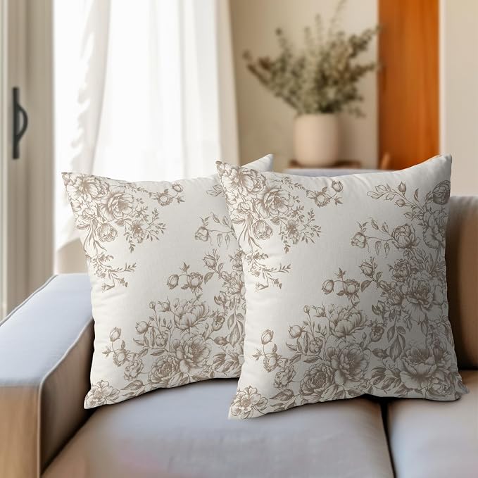 Kawani Chinoiserie Throw Pillow Covers 18x18 Inch Pack of 2, Vintage Tan Floral Art Farmhouse Square Pillowcase Cotton Linen Cushion Case for Couch Sofa Bed Home and Outdoor Decor