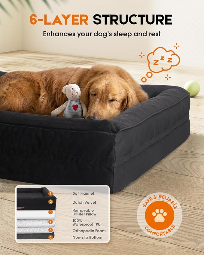 Upvilla Orthopedic Dog Bed, Four-Sided Medium Dog Sofa,Washable Cover Black | Removable Waterproof Dog Bed Cover, Egg-Crate Orthopedic Foam, Built-In Carry Handle, Indoor Small Pet Beds, Cat Beds