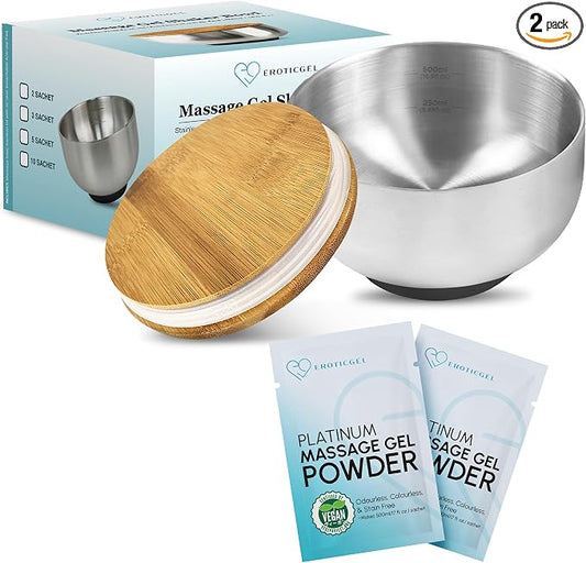 Nuru Massage Gel Powder & Bowl Set | 2 x 5g Platinum Sachets + Stainless Steel Mixing Bowl | Japanese-Made Powder | Vegan | Paraben & Glycerin Free | Makes 33.8 fl oz
