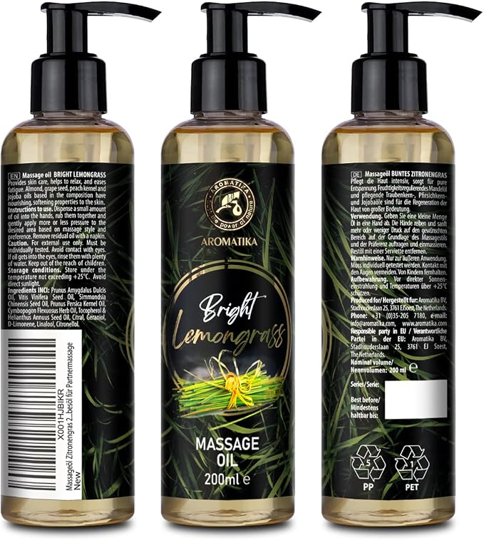 Massage Oil Lemongrass 6.8.Fl Oz / 200ml - Almond - Grape Seed - Wheat Germ - Lemongrass - Body Care Oil for All Skin Types - Naturkosmetik - Massage Oil with a Wonderful Fragrance