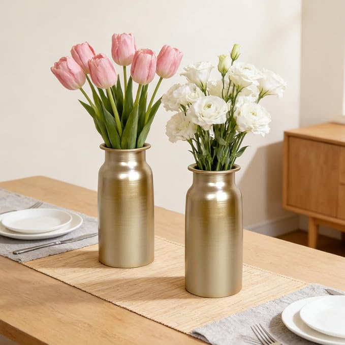 Set of 2 Champagne Gold Seamless Metal Flowers Vase Decor, 10.8" Tall Modern Matte Gold Floral Vase Pair, Shatterproof Leakproof, Elegant Home Decor Centerpiece for Table, Mantle, Shelf