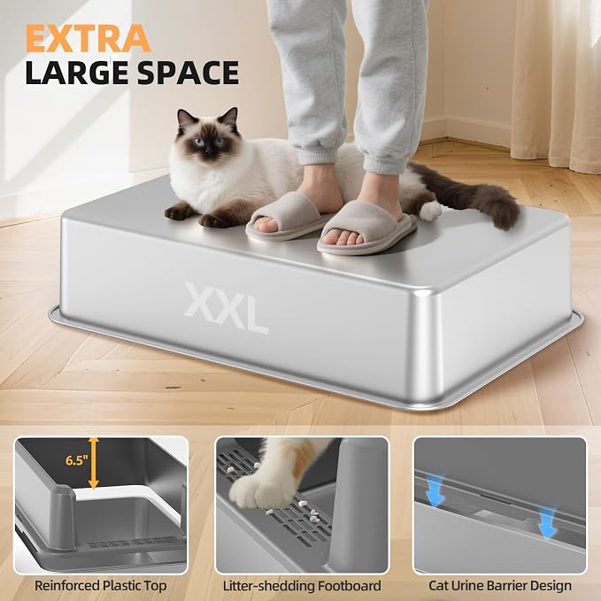 Stainless Steel Cat Litter Box, XXL High Sided Open Top Litter Pan, 1 Scoop | XXL, Spacious Interior, High Sides, Anti-Urine Leakage, Non-Stick Odor Resistant, Easy Clean, Reduce Litter Tracking