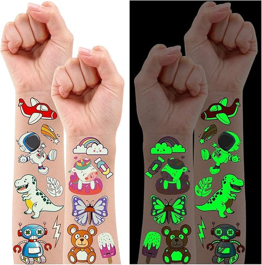 Partywind 380 Styles (30 Sheets) Luminous Tattoos for Kids, Mixed Styles Temporary Tattoos Stickers with Mermaid/Dinosaur/Space/Pirate for Boys and Girls, Glow Party Supplies