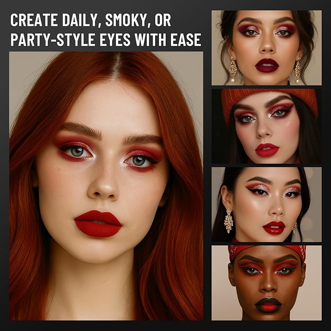Red Eyeshadow Palette with Mirror Sliver Red Black Tones Matte Shimmer 6 Colors Mini Eye Shadow Pallet Travel Size Highly Pigmented for Joker Vampire Clown Goth Halloween Christmas Makeup