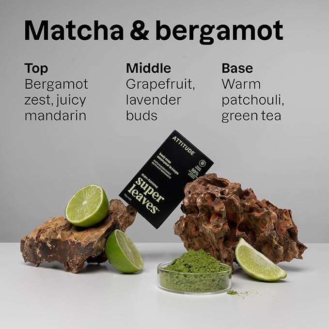 ATTITUDE Bar Soap Body Wash for Men, For Body and Hands, 99% Natural Origin Ingredients with Avocado Oil, EWG Verified, Matcha & Bergamot, 4 Oz (Pack Of 6)