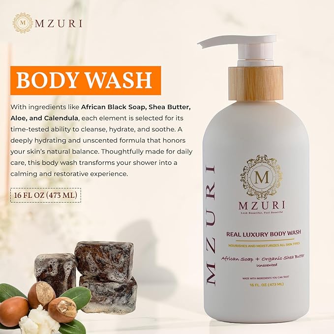 MZURI Unscented Body Wash, African Black Soap, Organic Shea Butter, and Calendula, Moisturizing, Hydrating, and Gentle Formula for Dry, Sensitive Skin, Paraben-Free Luxury Body Wash - 16 Fl. Oz