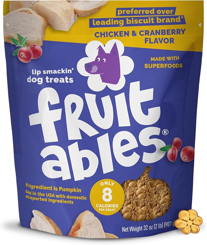 Fruitables Baked Dog Treats, Healthy Pumpkin Treat for Dogs, Low Calorie & Delicious, Made Without Wheat, Corn and Soy, Made in the USA, Allergy Friendly, Chicken and Cranberry Flavor, 32 oz