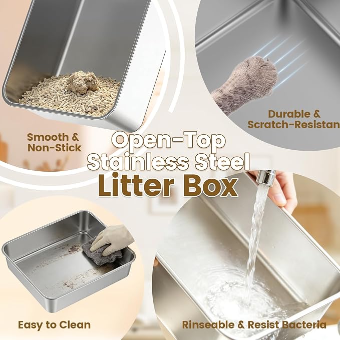 Stainless Steel Small Cat Litter Box, 11.8" High Sides, Low Entry | Litter Scatter & Urine Spray Control, Non-Stick Surface, Easy Scooping, Durable Build, Compact Footprint for Small Spaces