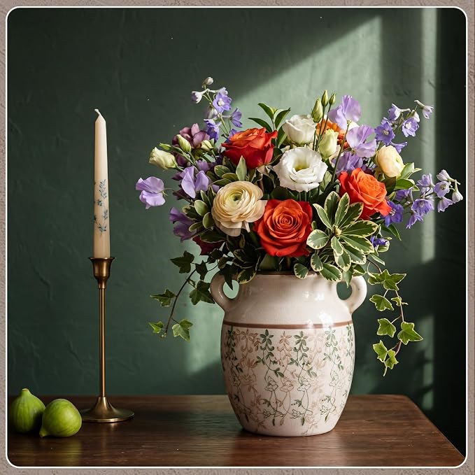 LemonRoad Vintage Planter Large Ceramic Plants Pot Beige Chinoiserie Floral Cottage Scroll Vase Flower Pot Indoor Home Farmhouse Kitchen Antique Decorative Gifts(Green Leaf Vine,7.7 Inch)