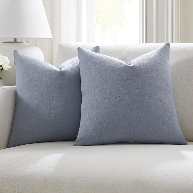 Meekio Set of 2 Dusty Blue Throw Pillow Covers 18x18, Modern Farmhouse Linen Blend Decorative Pillow Covers for Couch Sofa Bed, Neutral Home Decor