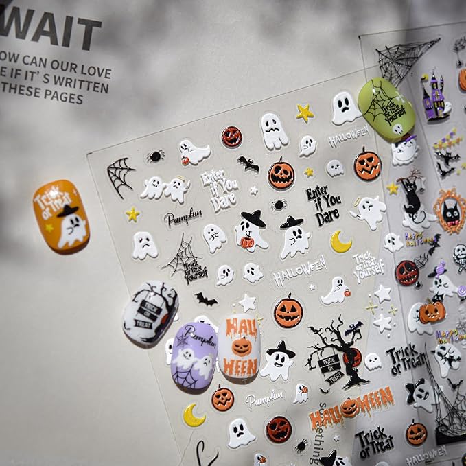 Halloween Nail Stickers for Nail Art, 5D Embossed Self-Adhesive Nail Decals Ghost Goth Moon Spider Web Nail Supplies Design Accessories for Women and Girls Manicure DIY Decoration