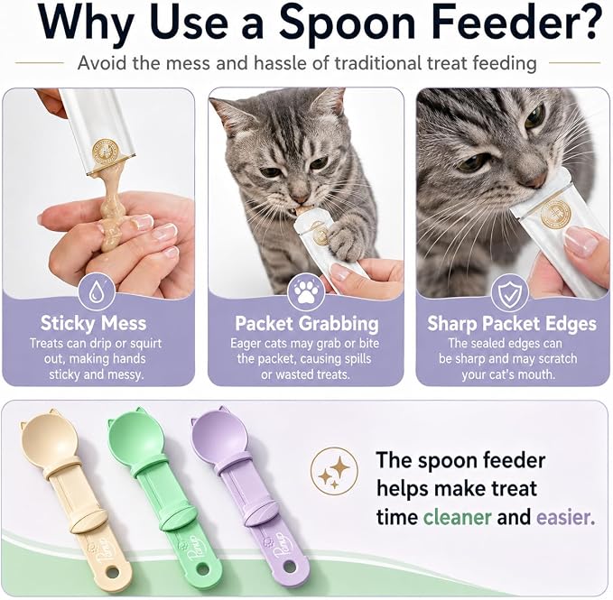 3 Pack Cat Treat Dispenser Spoon - Squeeze Cat Strip Feeder for Lickable Treats and Puree, Ergonomic Cat Treat Squeeze Spoon for Liquid Snacks & Wet Food, Mess-Free Pet Feeding Tool (Cat Round Style)