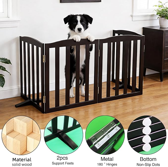 ZJSF Foldable Freestanding Indoor Dog Gate for House Wood Long Pet Gates Dog Fence for Stairs Puppy Gates for Hallways, Puppy Gate,Support Feet Included, Black, 32 "Height-4 Panels
