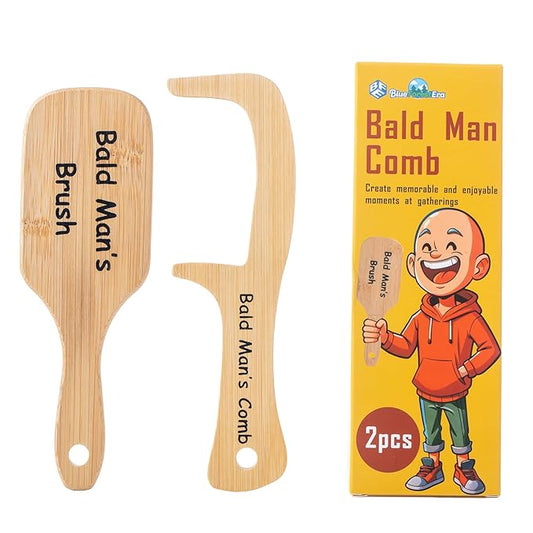 BlueForest Era 2 PCS Bald Mans Comb, Funny Gag Gift No Teeth Head Brush and Comb Set for Bald Men, Wooden Hairless Combing Boss Day Father's Day Over The Hill Party Prank Novelty Gift for Men