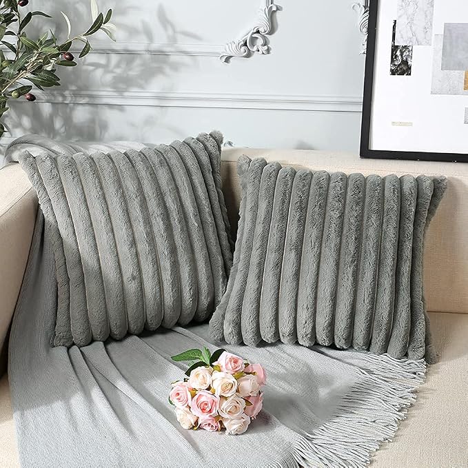 Soleebee Set of 2 Throw Pillow Covers Soft Cozy Velvet Pillowcase Faux Rabbit Fur Cover for Couch Sofa Bed Chair Home Decorative Pillows Cover (18x18 Inch, Grey)