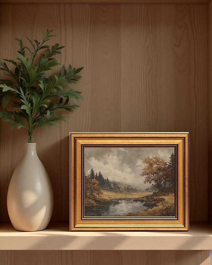 Vintage Gold Framed Wall Art Fall Forest Lake Landscape Painting Wall Decor | Autumn Scenery Pictures Canvas Art Farmhouse Cottagecore Small Framed Prints Artwork for Bookshelf Hallway Gallery Wall