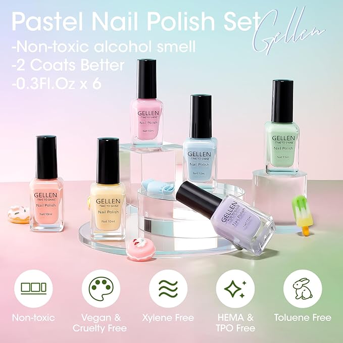 GELLEN Pastel Nail Polish, Quick Air Dry Non-gel Regular Nail Polish No Light Needed for Finger Toe & Fake Nails | 6-color Spring Summer Macaron, Apply 2 Thin Coats | Toxin TPO HEMA Free, No Chip