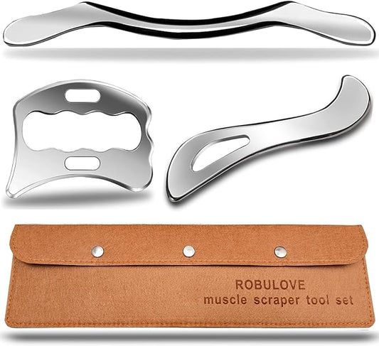 Stainless Steel Muscle Scraper Tool Set, 3-Piece IASTM Physical Therapy Massage Tools for Myofascial Release and Muscle Recovery 14inch Long bar(Double Edge)