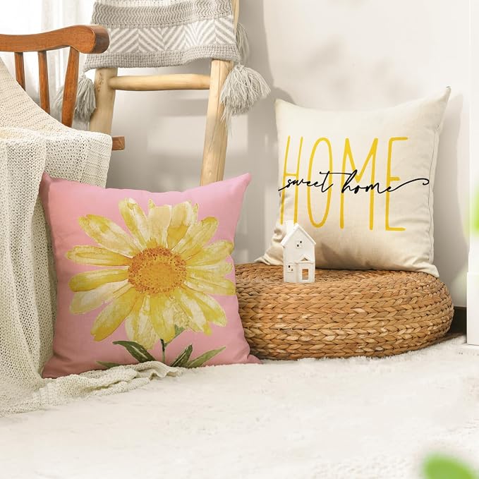 AVOIN colorlife Home Sweet Home Spring Summer Flowers Pink Throw Pillow Covers, 20 x 20 Inch White Cushion Case for Sofa Couch Set of 4