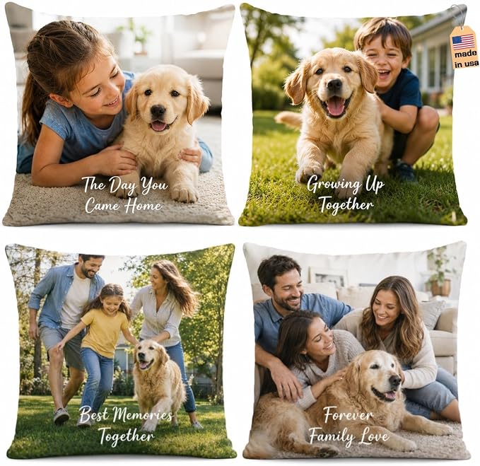 Bemaystar Custom Pillow Set of 4, Personalized Photo Pillow Covers with Picture Text, Made in USA, Custom Gifts for Family Pet Couple, Decorative Throw Pillow Gifts for Birthday Christmas (No Insert)