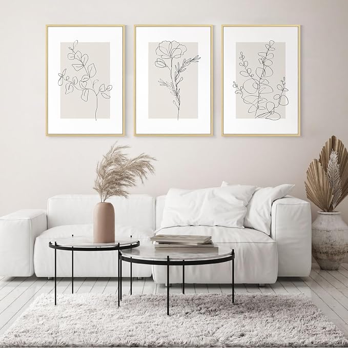 Neutral Botanical Prints Wall Art Flower Minimalist Canvas Wall Decor Vintage Line Wall Art Floral Plant Painting Pictures Beige Boho Artwork Farmhouse Poster for Bedroom 12x16 Inch Framed Set of 3